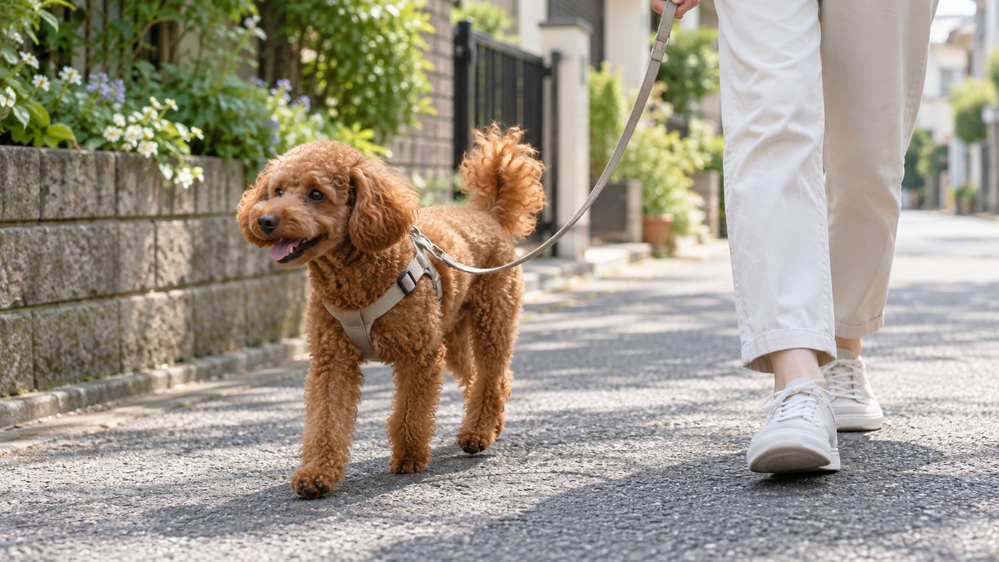 明るい昼の住宅街の歩道を、ハーネスをつけた赤茶色の巻き毛の小型犬が、ゆるんだリードで人の横を歩いている絵