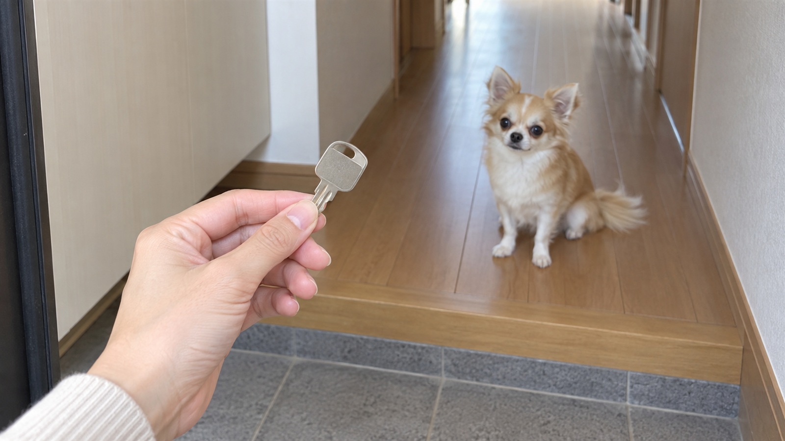 室内側の玄関で鍵を持っている人の手元と、少し離れた廊下に座っているチワワの写真