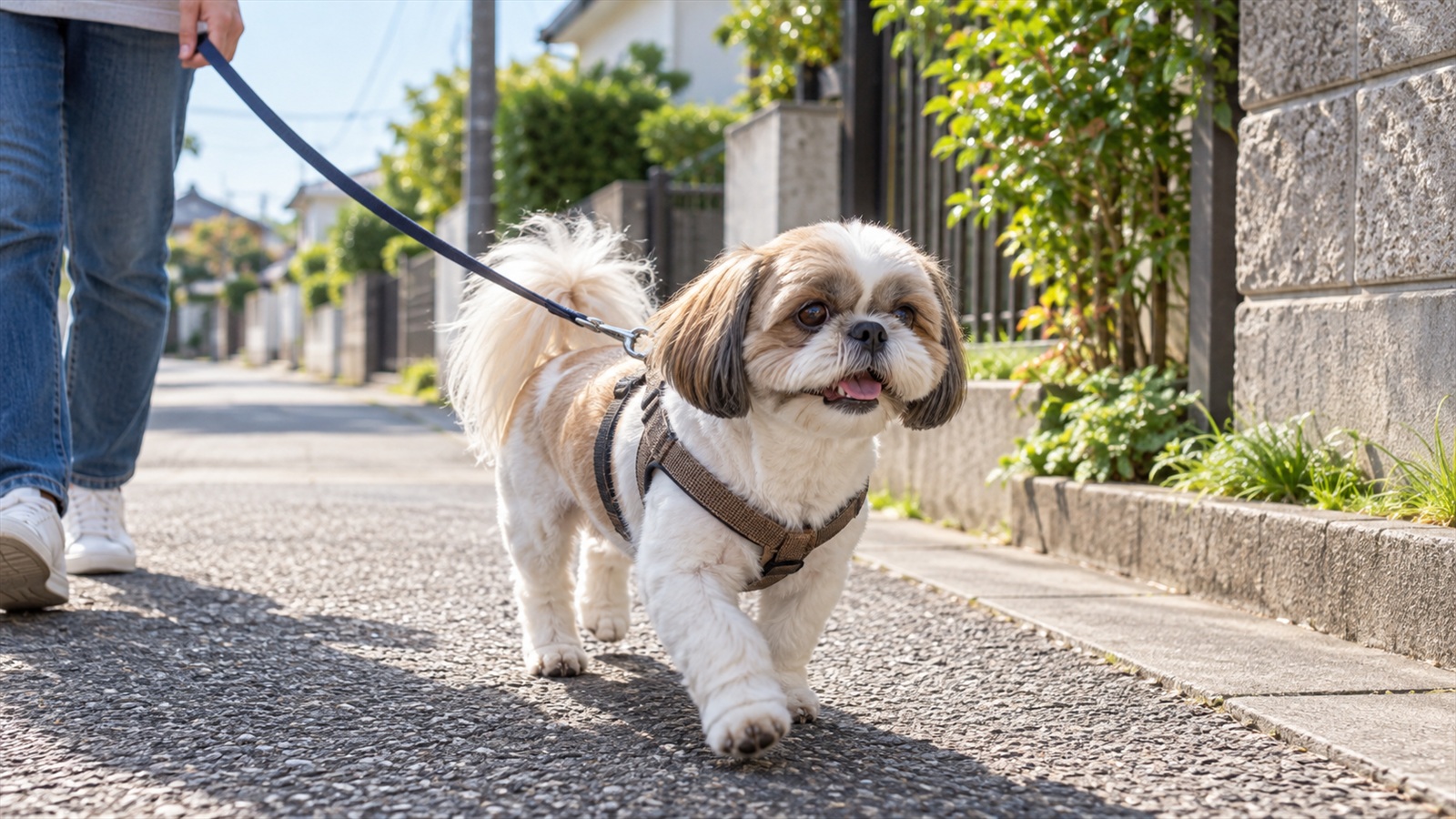 朝の住宅街の歩道で、ハーネスとリードをつけて歩いている、短くカットした白と茶のシーズーの写真