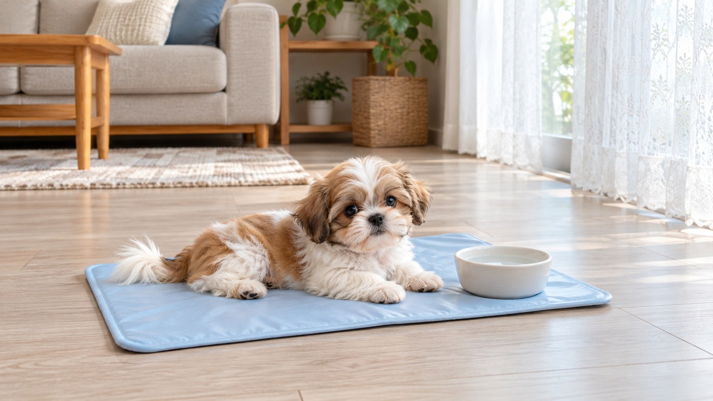 レースのカーテンのある明るい部屋で、水色の薄いマットの上に伏せている、白と金色の子犬のイメージの絵。そばに水の入った白いお皿がある