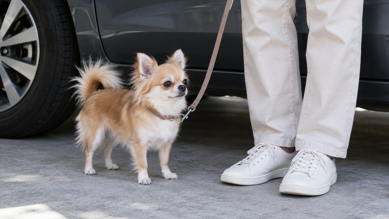 日陰に停めた車のそばで、リードを付けたチワワが飼い主の足元に立っている写真。人は足元だけが写っていて顔は写っていない