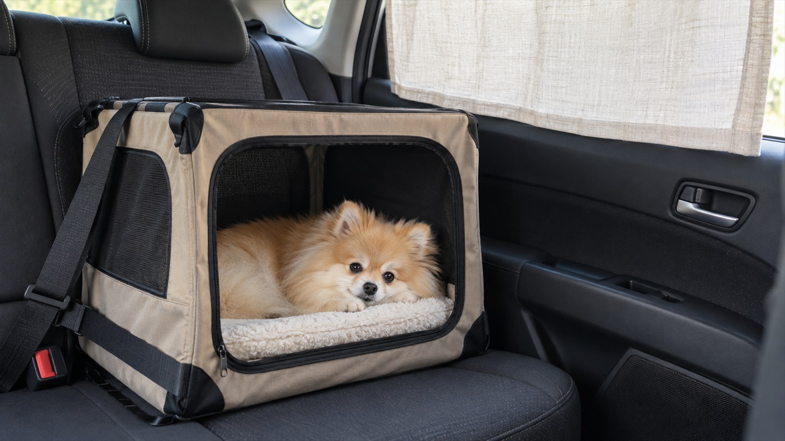 車の後部座席に置いて固定した布のクレートの中で、ポメラニアンが伏せている写真。窓には布が掛けられていて、人は写っていない