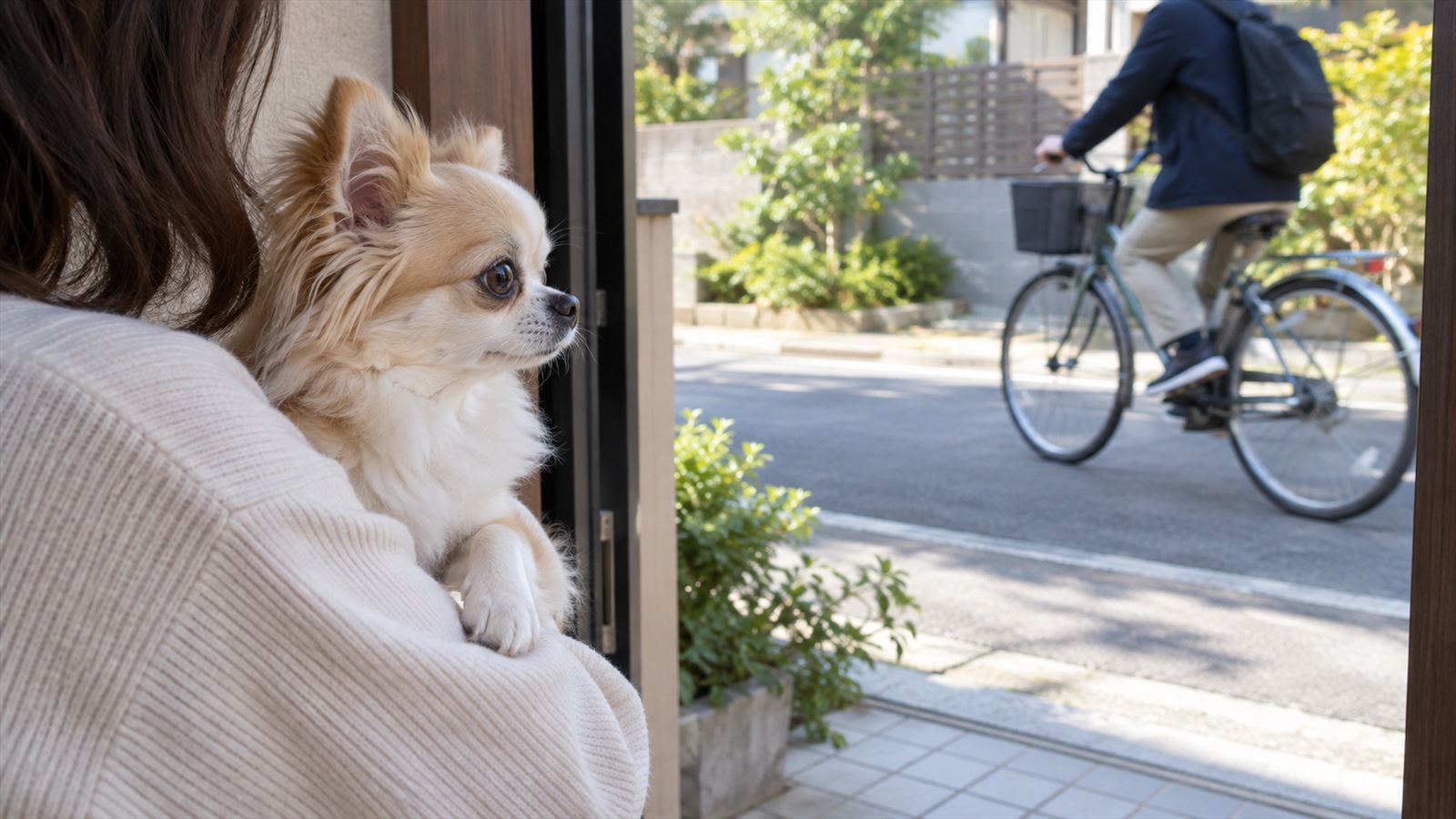 玄関先で、人の腕に抱っこされたロングコートチワワの子犬が、家の前の道を通り過ぎる自転車のほうを落ち着いて見ている写真
