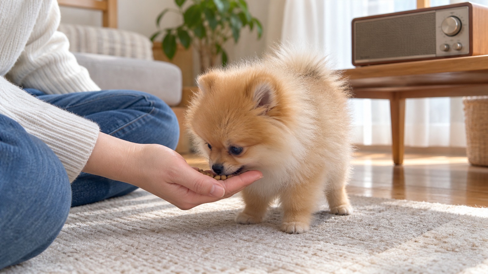 リビングの床で、小さな音でラジオを流している横で、床に座った人の手のひらからフードを食べているポメラニアンの子犬の写真