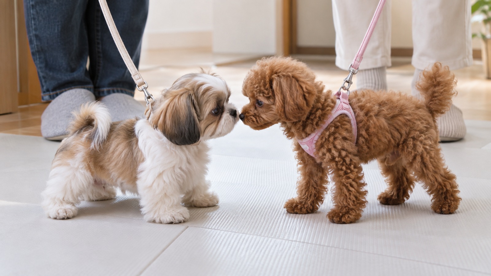 屋内の消毒しやすいマットの上で、それぞれリードをつけたシーズーの子犬とトイプードルの子犬が鼻を寄せて挨拶していて、その後ろに2人の飼い主の足元が写っている写真