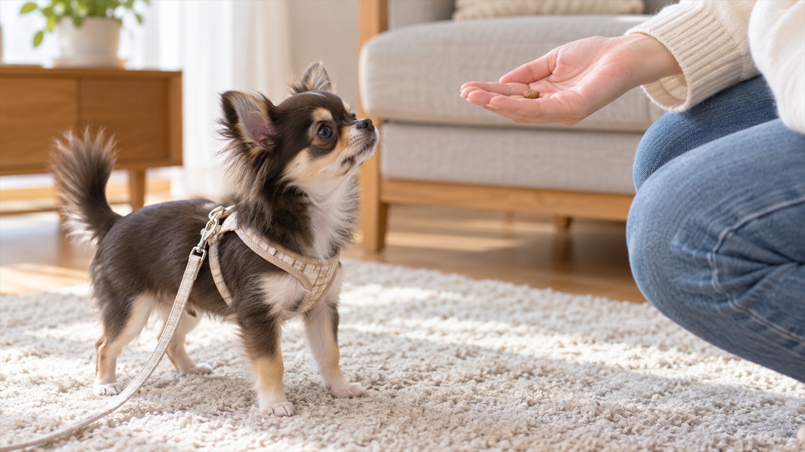 リビングのラグの上で、ハーネスと軽いリードを付けたチワワの子犬が、しゃがんだ飼い主の手のひらのおやつを見上げている写真