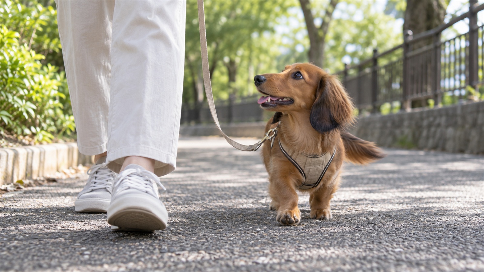 公園の端の舗装された道を、ハーネスとリードを付けたミニチュアダックスフンドの子犬が、飼い主の足元の横をリードをたるませて歩いている写真