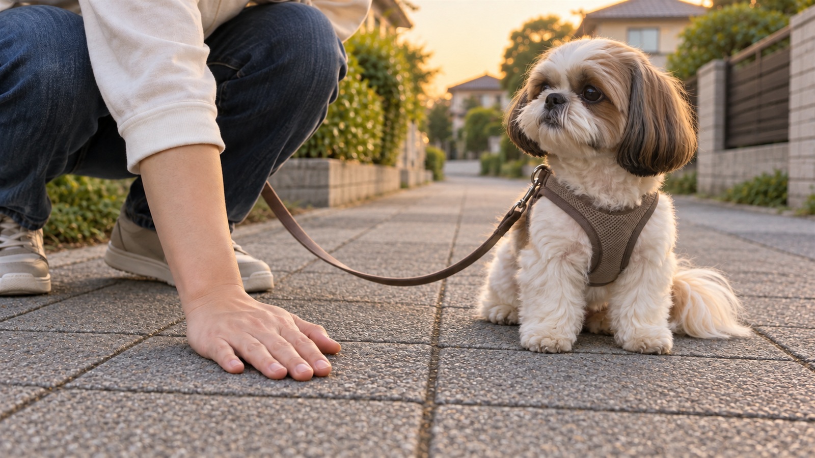夕方の住宅街の歩道で、飼い主が手を路面に当てて温度を確かめていて、その横でハーネスとリードを付けたシーズーの子犬が伏せて待っている写真
