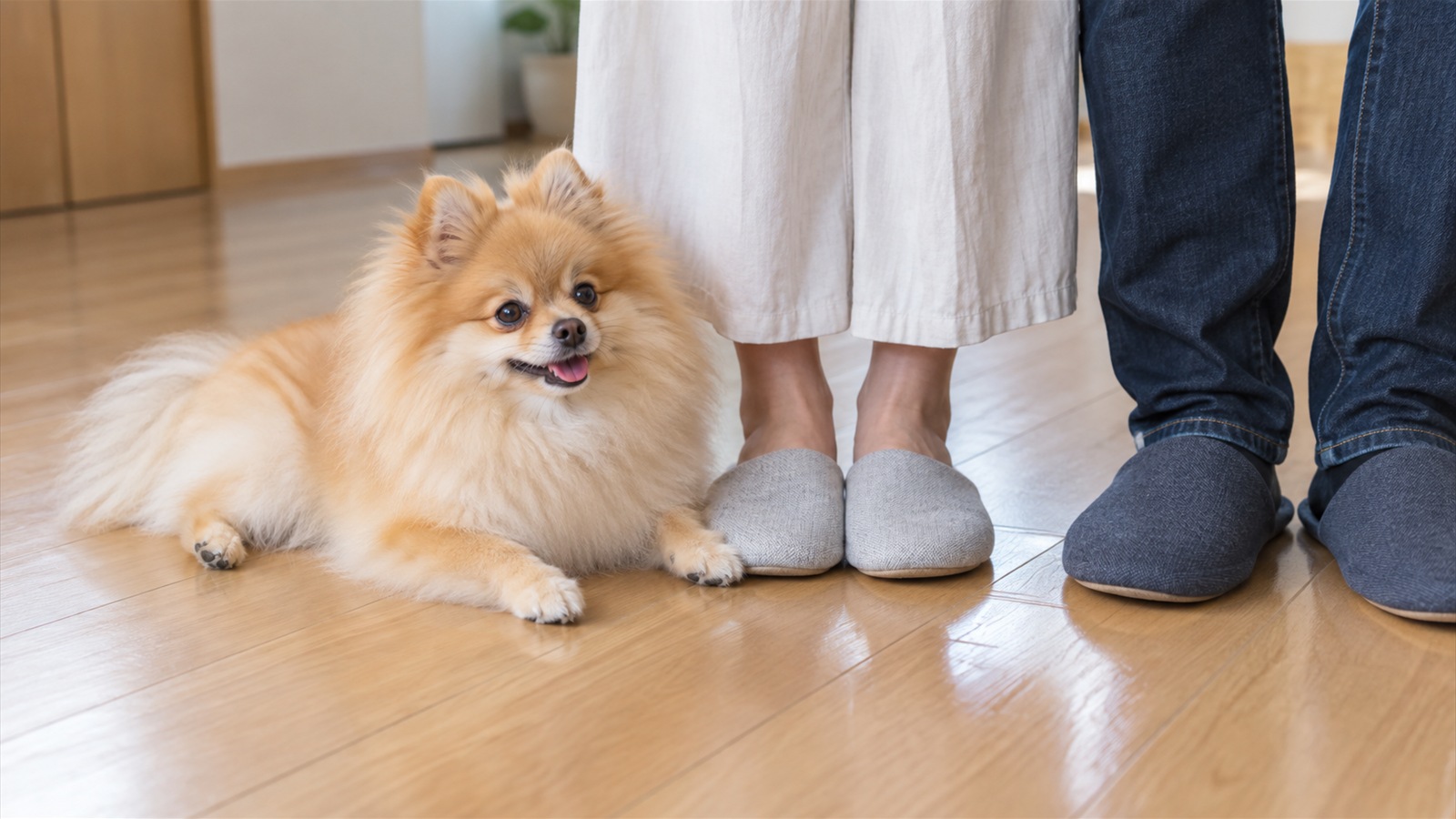 明るい室内の床で、ポメラニアンが2人ぶんの足元のそばに伏せている写真。人の顔は写っていない