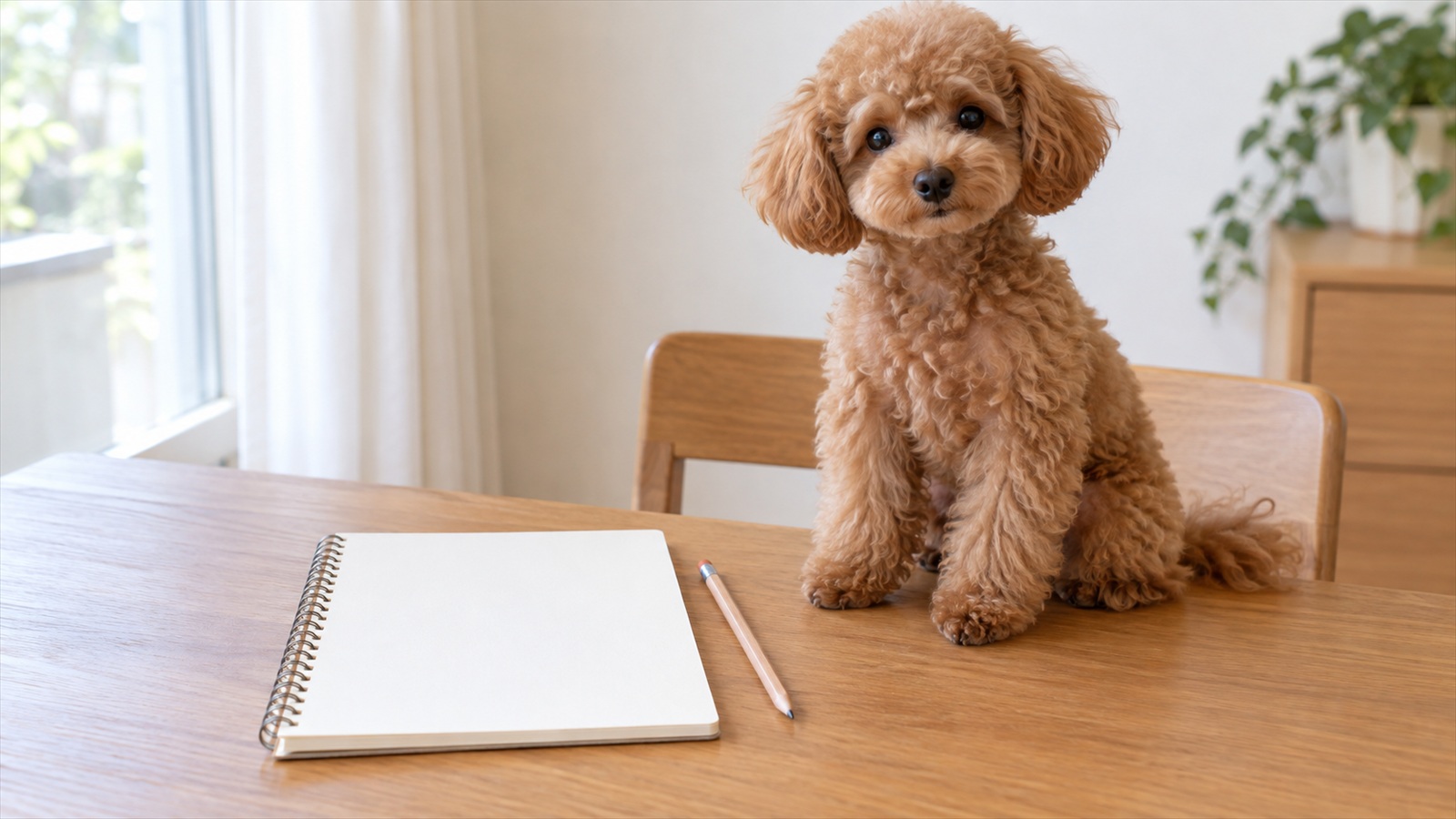 机の上に置かれた記録用のノートと鉛筆の写真。そばにトイプードルの子犬が座っている。人は写っていない