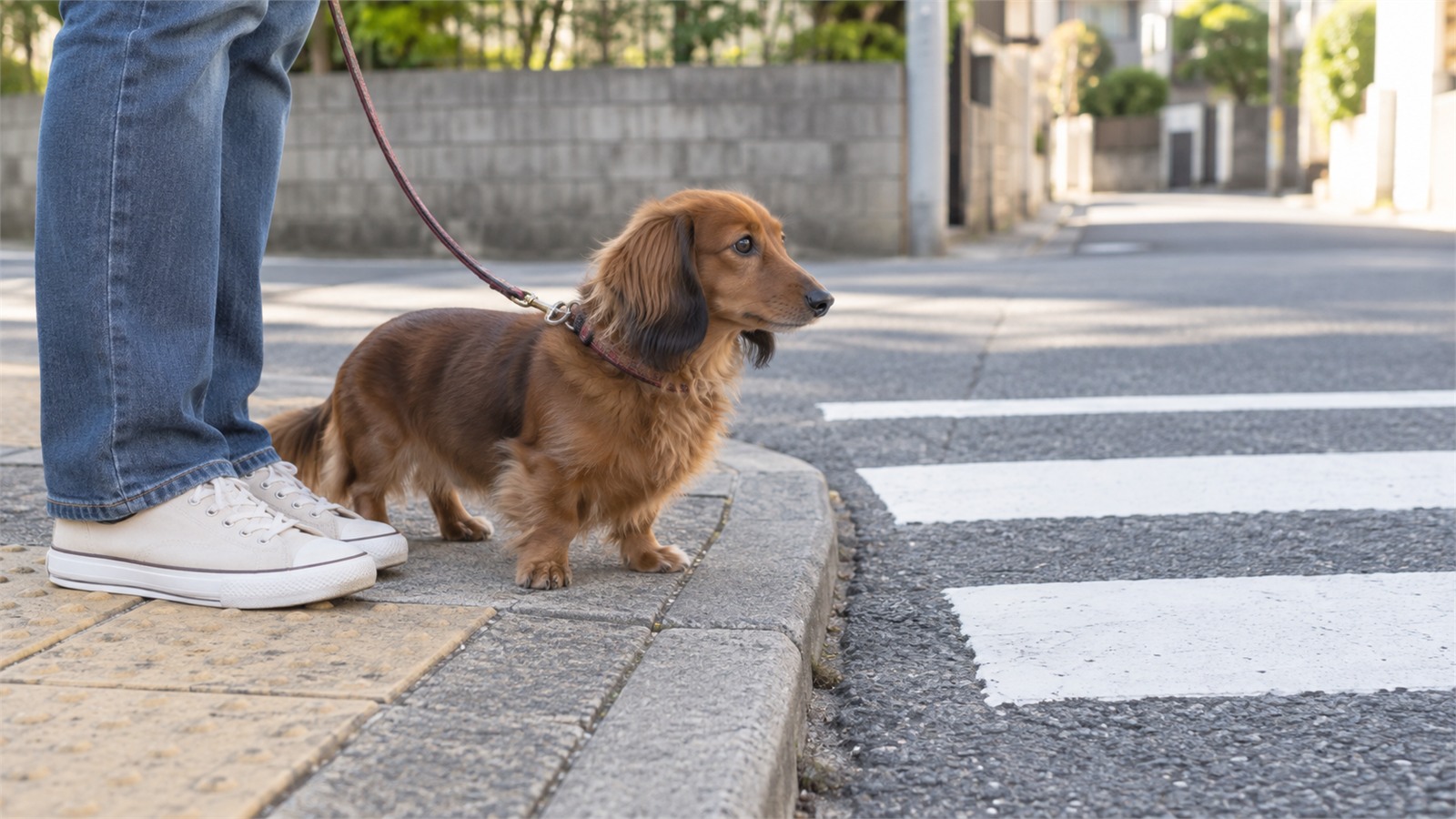 住宅街の横断歩道の手前の縁石で、リードをつけたミニチュアダックスフンドが立ち止まり、その横に立つ人の足元と、手前の白い横断歩道の線が写っている写真