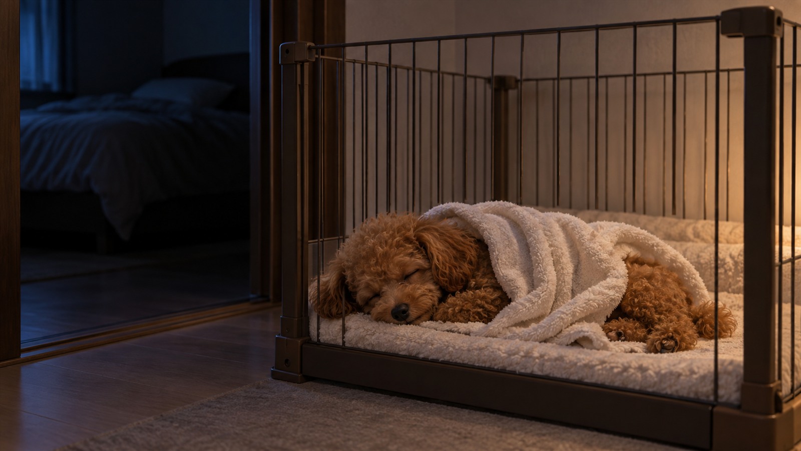 暗くした寝室のそばに置かれたサークルの中で、タオルにくるまって眠っているトイプードルの子犬の写真
