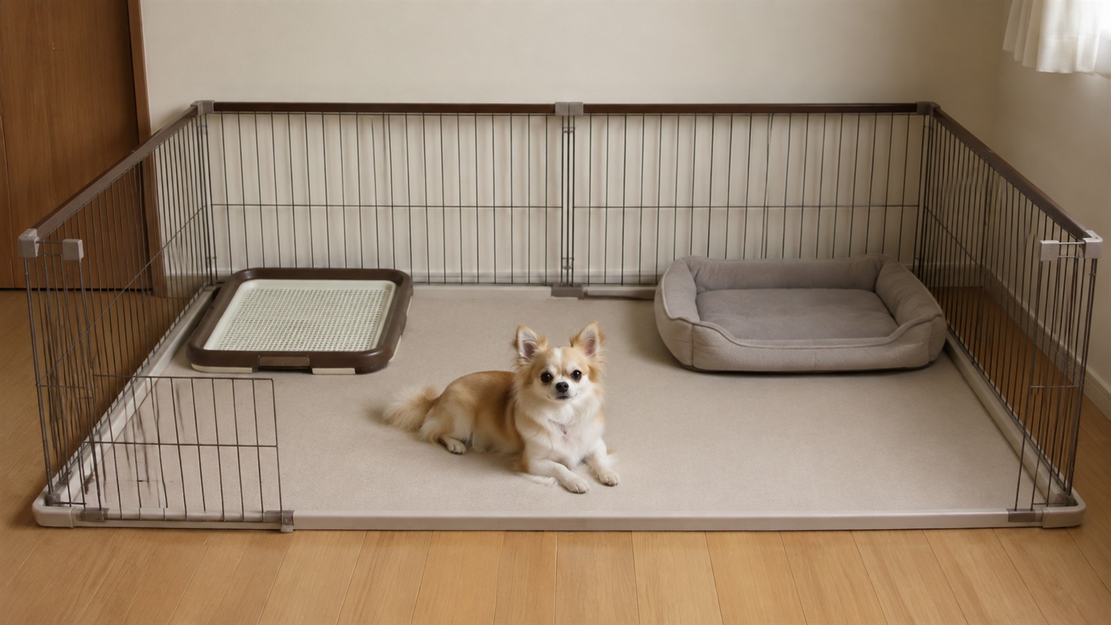 トイレとベッドが左右に分かれた広めのサークルで、くつろいでいる小型犬の写真