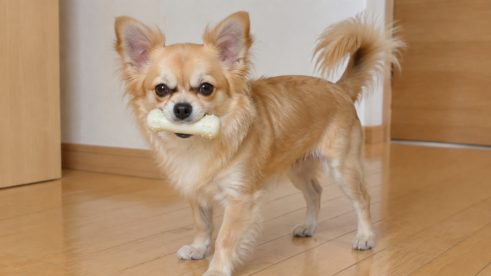 噛んでよいゴム製のおもちゃをくわえている小型犬の写真