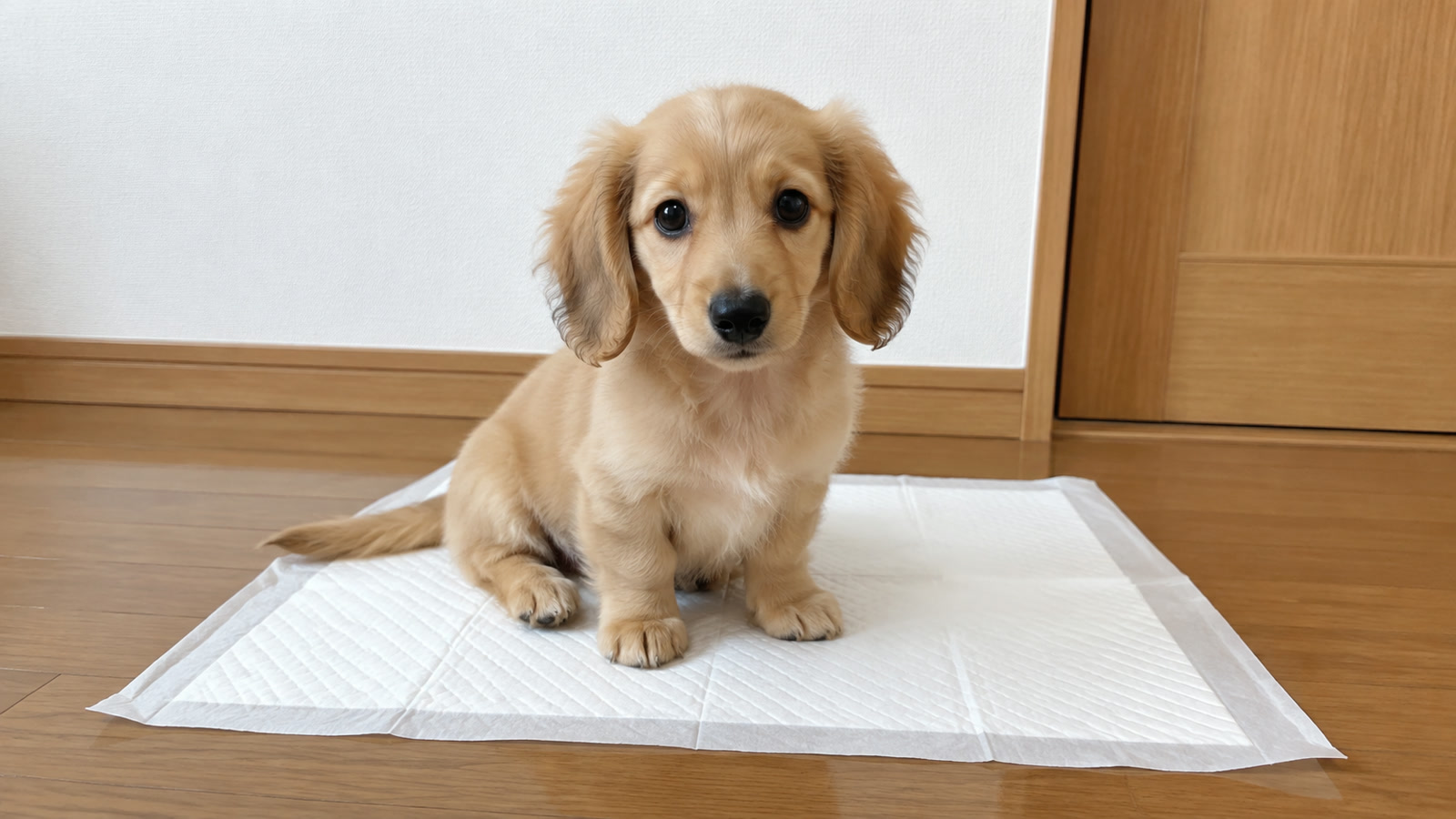 きれいなトイレシートの上に座り、こちらを見ている子犬の写真