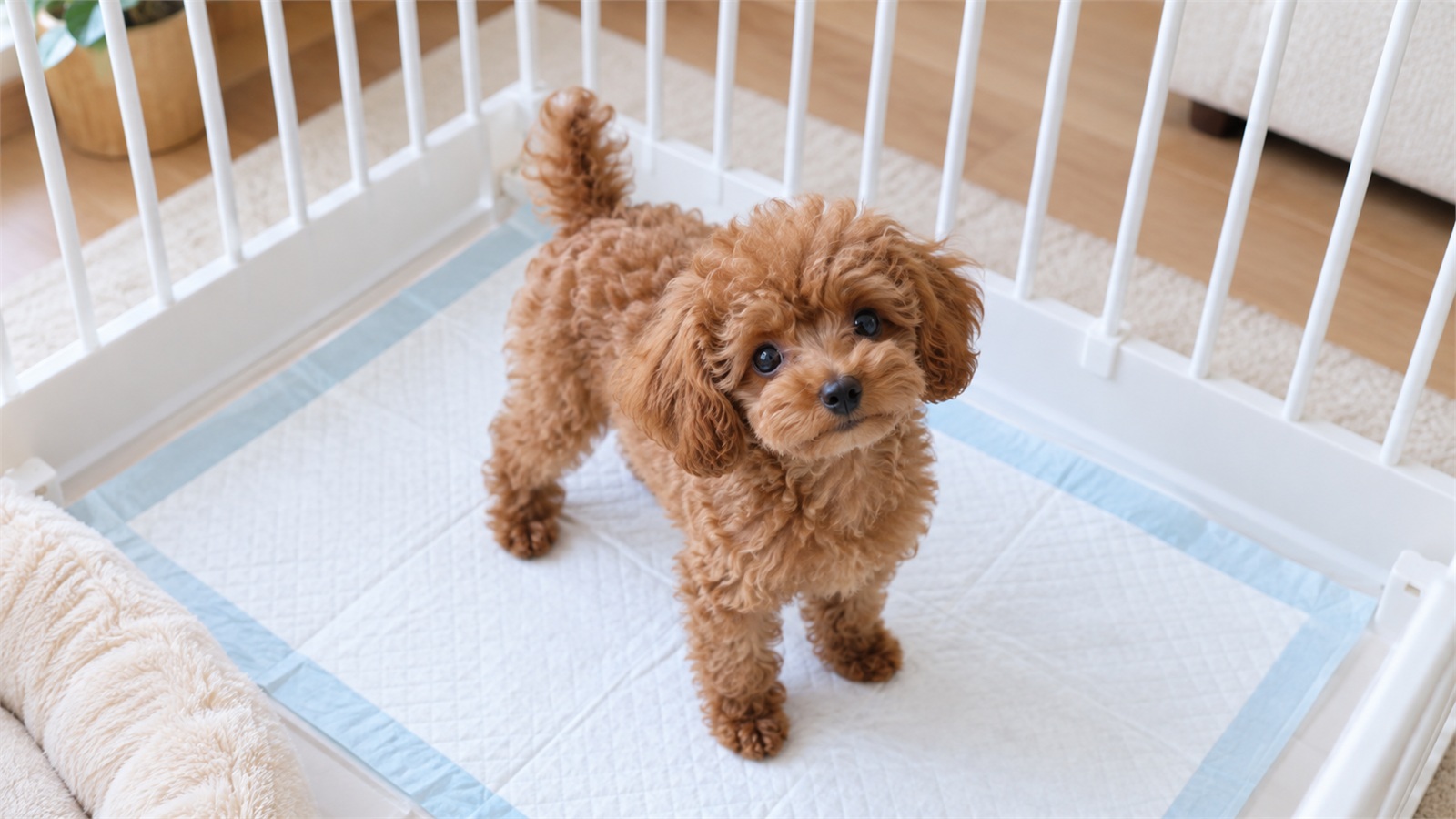 白いサークルの中に敷かれたトイレシートの上に立って、こちらを見上げているトイプードルの子犬の写真