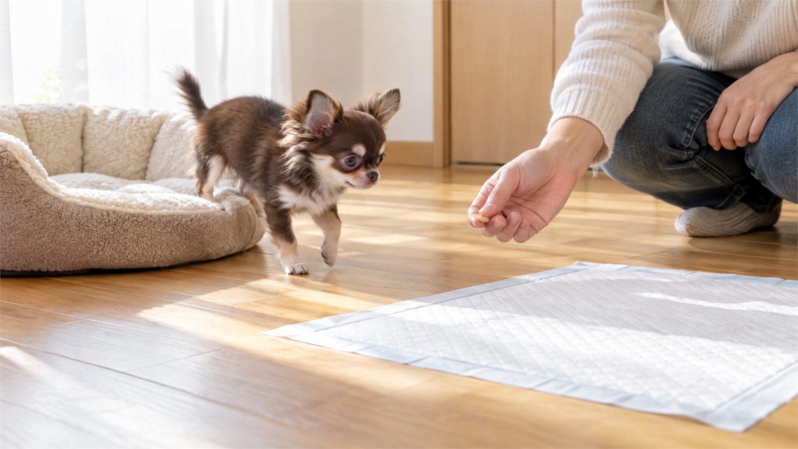 朝の光が入る部屋で、寝床から出てきたばかりのチワワの子犬を、しゃがんだ人がおやつでトイレシートのほうへ誘っている写真
