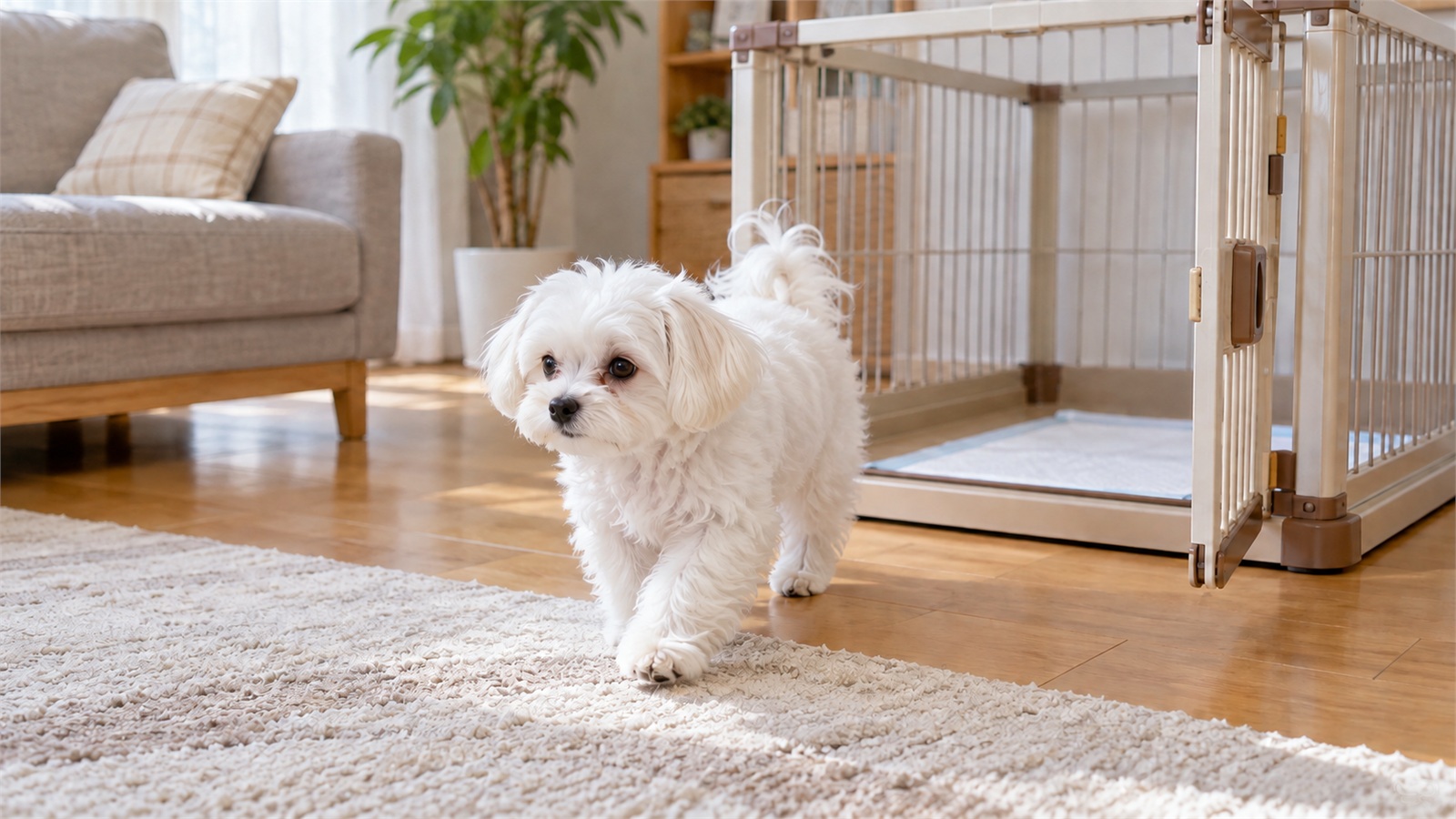 扉を開けたサークルから出て、リビングの床を歩いている白いマルチーズの子犬と、サークルの中に見えるトイレシートの写真
