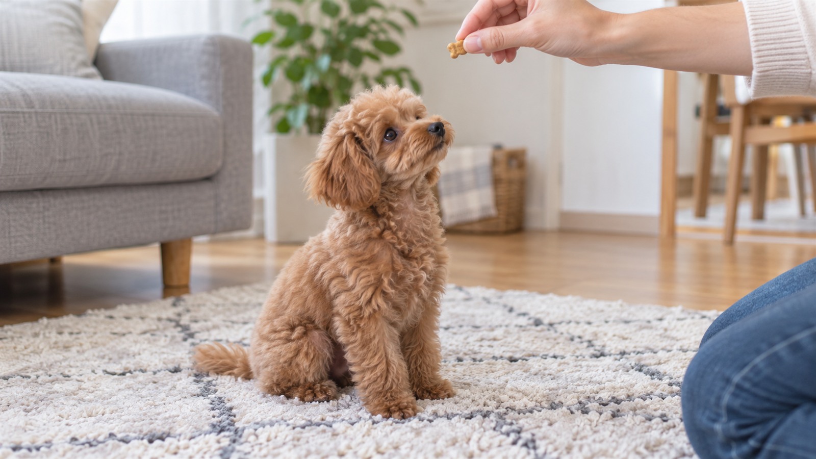 室内のラグの上で、座っているトイプードルの子犬が、おやつを持った手を見上げている写真。人の顔は写っていない