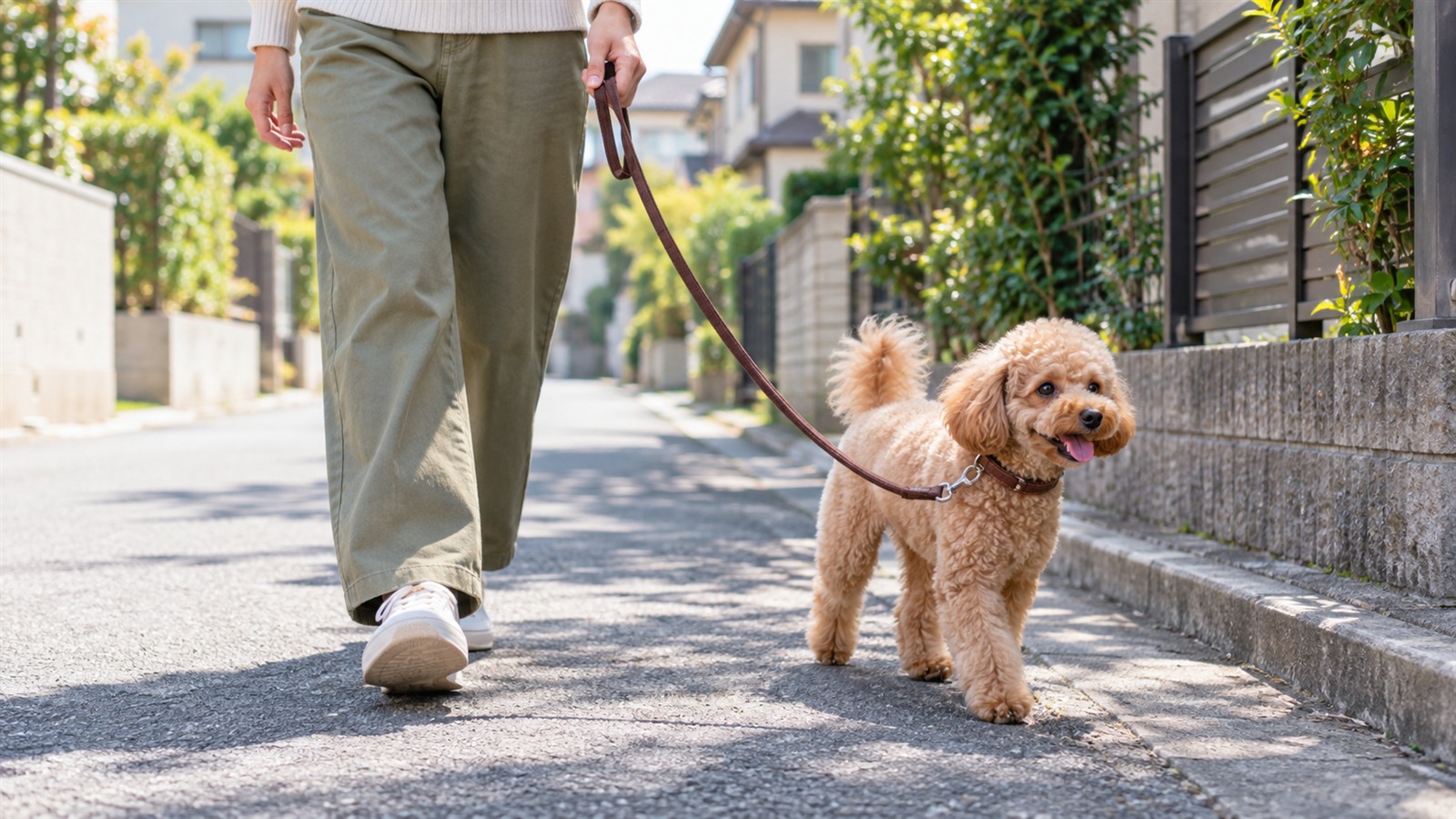 住宅街の歩道で、リードを付けたトイプードルが飼い主の横を歩いている写真。リードは首輪の金具につながっている。人の顔は写っていない