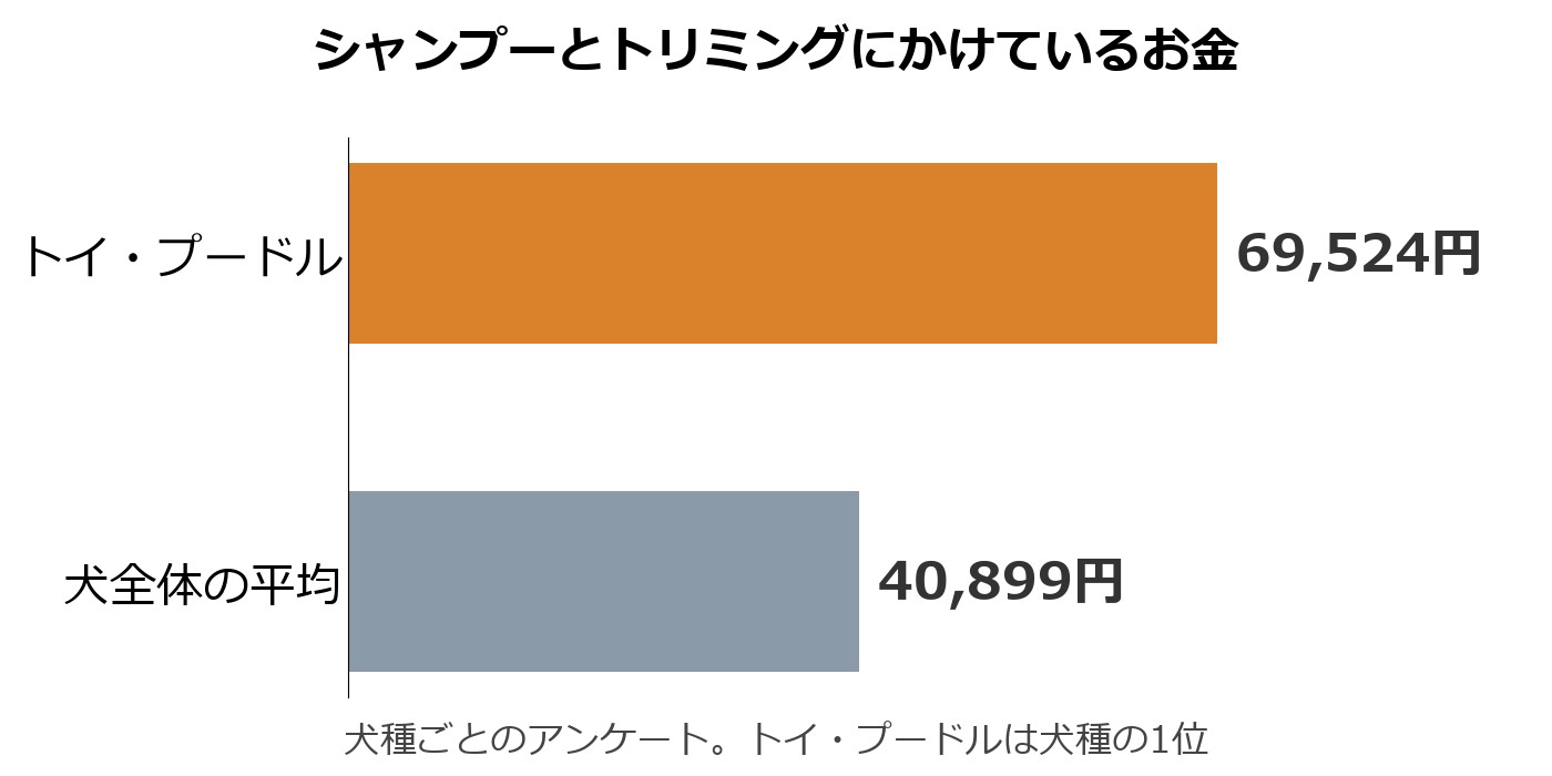 シャンプーとトリミングにかけているお金を、トイ・プードル69,524円、犬全体の平均40,899円で並べた横向きの棒グラフ