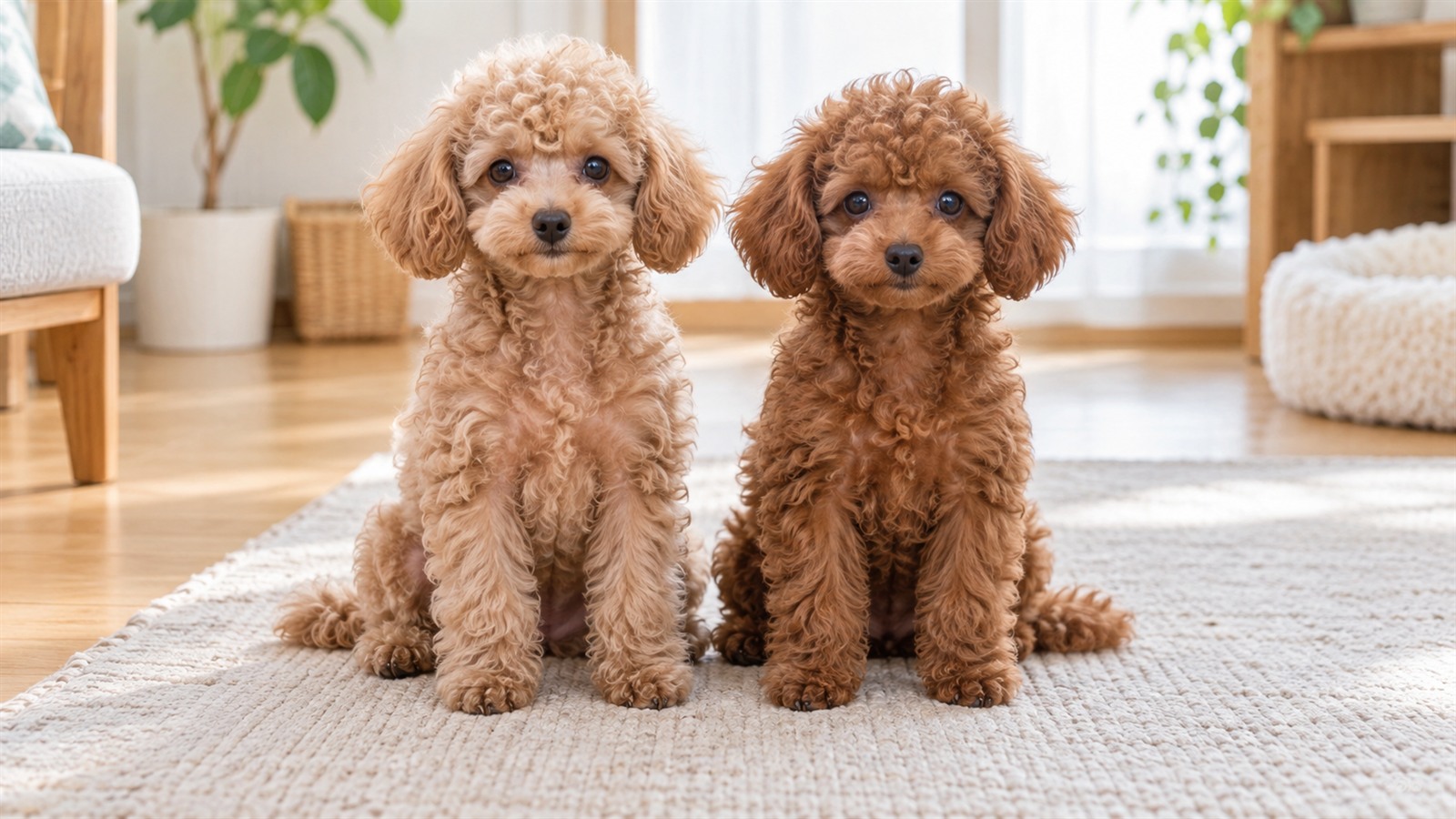 明るい室内で、トイプードルの子犬2頭が並んで座って前を向いている写真。人は写っていない