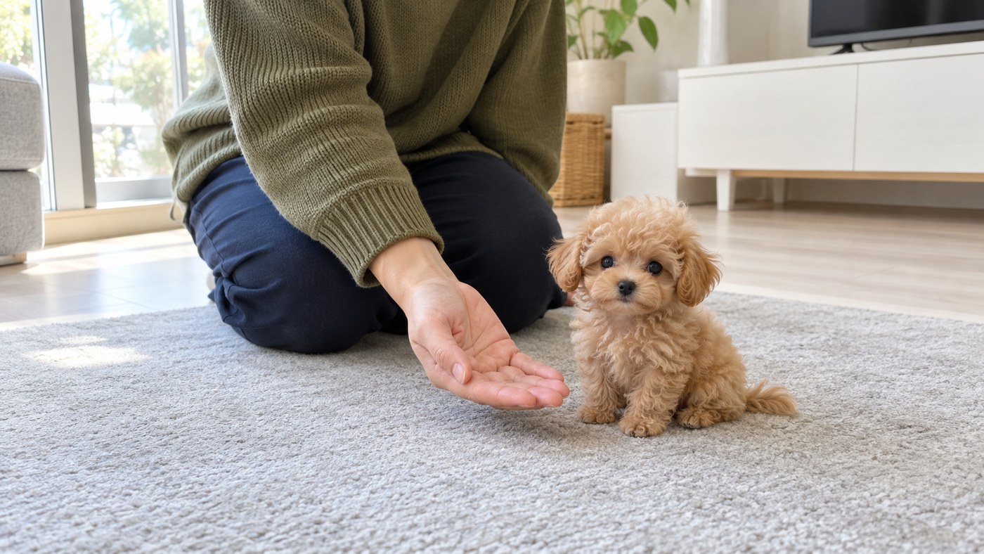 明るいリビングの灰色のラグの上に座るアプリコット色の巻き毛の小さな子犬と、そっと手を差し出す人の手と膝のイメージ写真