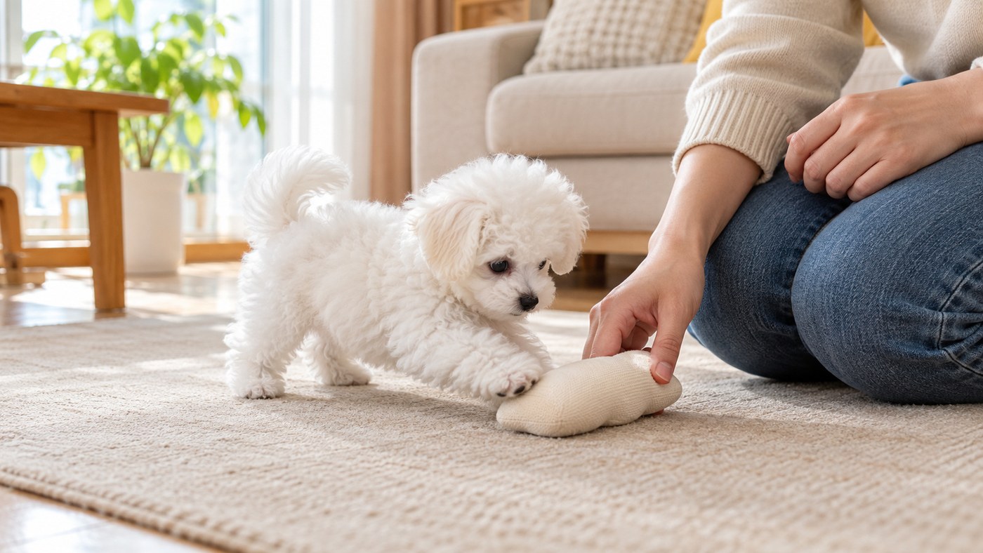 明るいリビングのマットの上で、布のおもちゃにじゃれる白いビションフリーゼの子犬と、そばにしゃがむ人の手と膝のイメージ