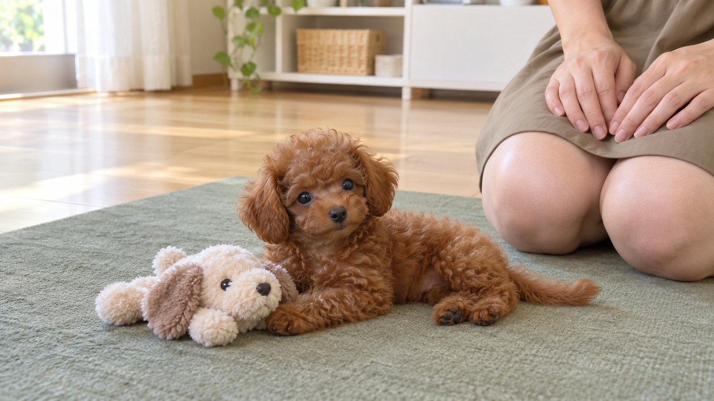 明るいリビングのマットの上で、ぬいぐるみのそばに伏せる巻き毛のトイ・プードルの子犬と、そばに座る人の手と膝のイメージ写真