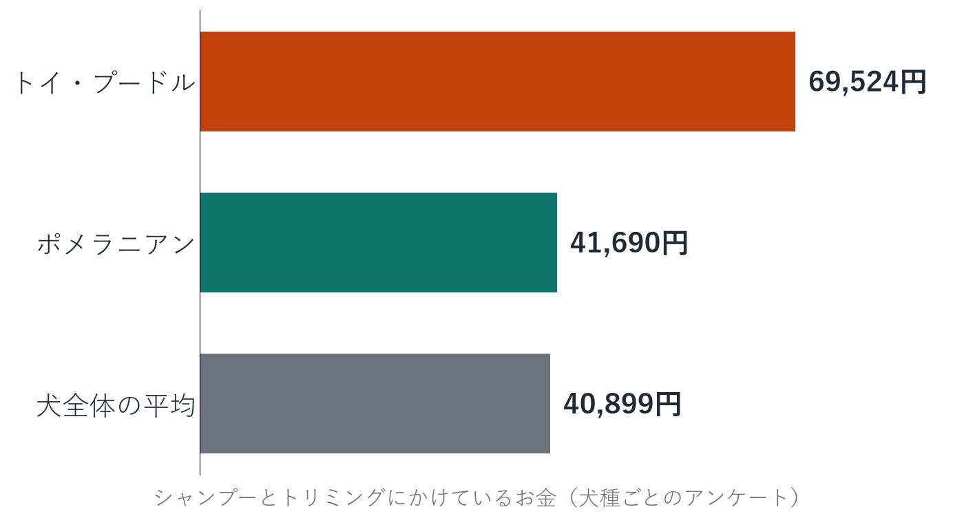 シャンプーとトリミングにかけているお金を、トイ・プードル69,524円、ポメラニアン41,690円、犬全体の平均40,899円で並べた横向きの棒グラフ