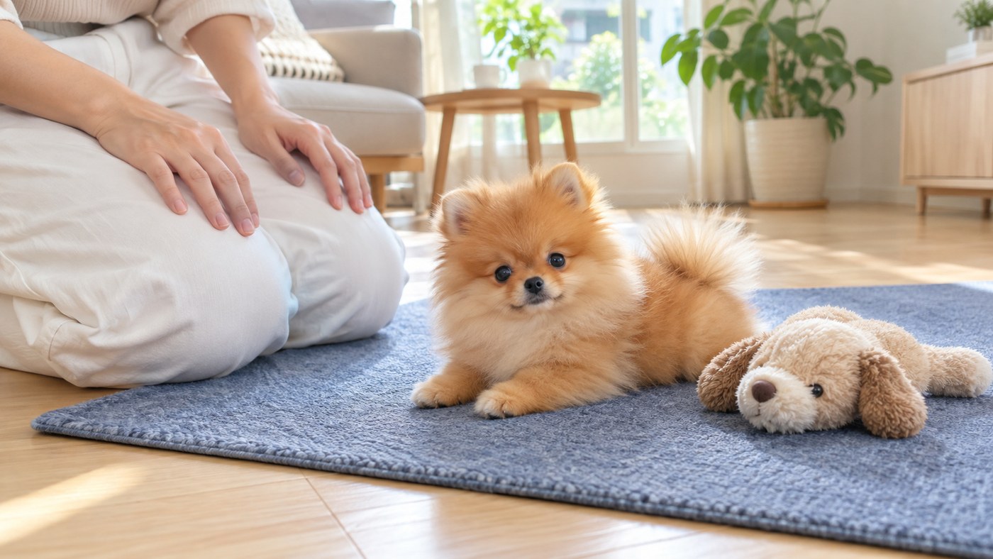 明るいリビングの青いマットの上で、ぬいぐるみのそばに伏せているオレンジのポメラニアンの子犬と、そばにひざをつく人の手とひざ