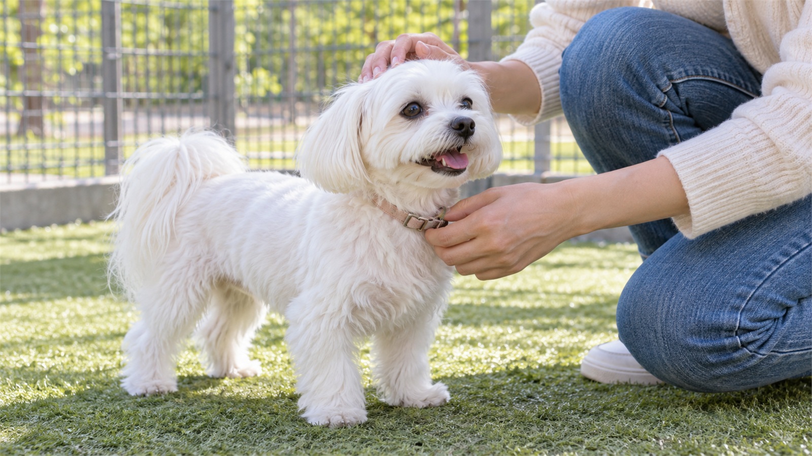 柵で囲まれた小型犬用のドッグランの中で、遊びに来た白いマルチーズのそばにしゃがんだ人が、首輪にそっと手を添えてなでている手元の写真