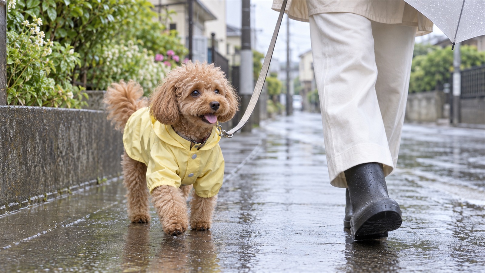 小雨の降る住宅街の歩道で、無地の薄い黄色の前開きのレインコートを着てリードをつけたトイプードルが、傘をさした人の足元と並んで歩いている写真