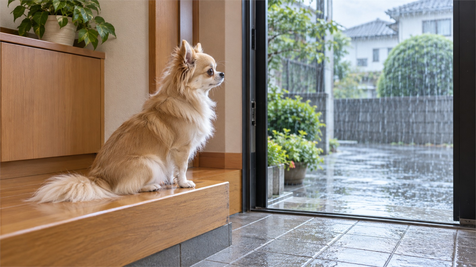 雨の日の玄関で、開いたドアの外に降る雨を見て、上がり口に座ったまま動かないロングコートチワワの写真