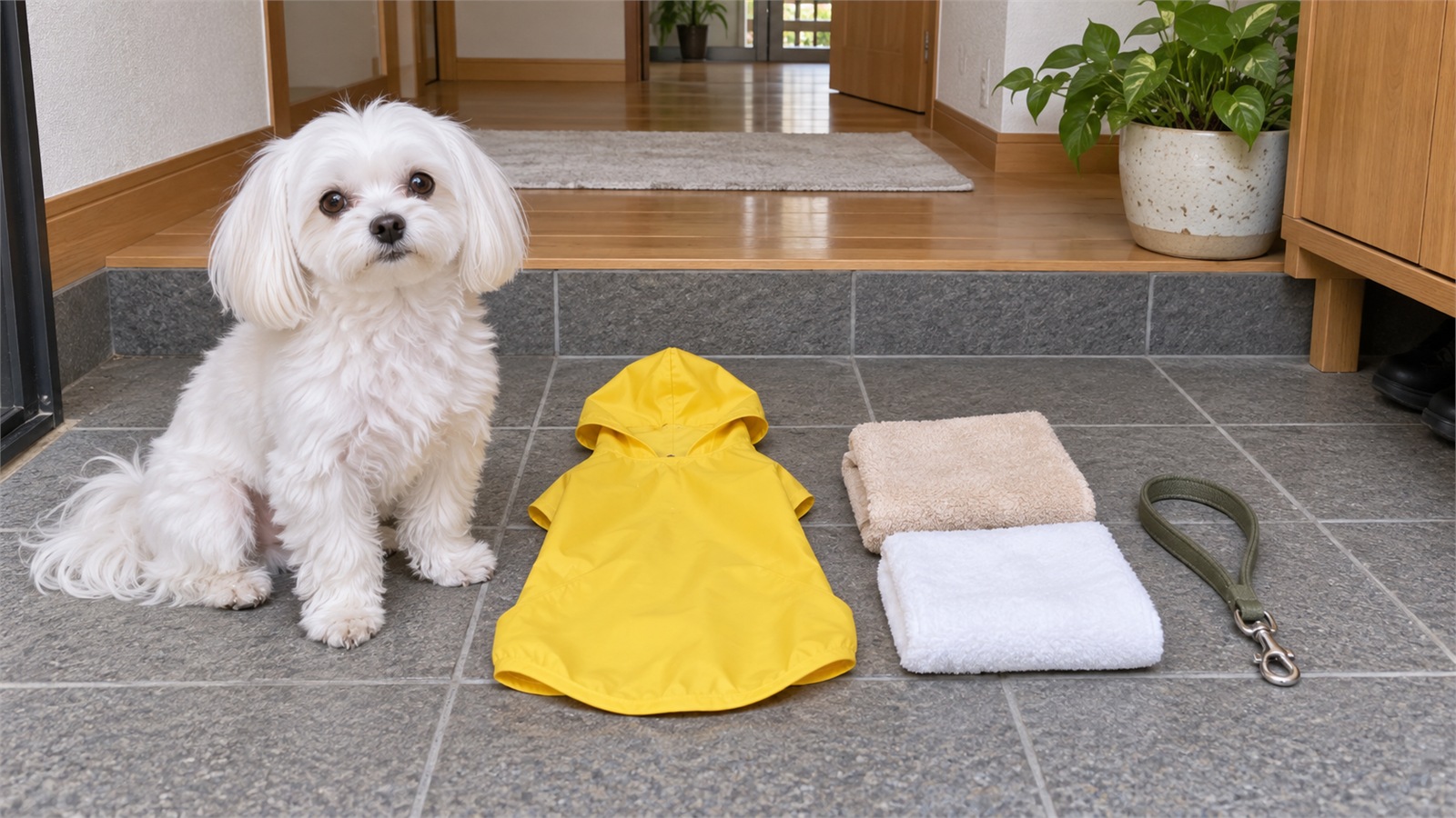 玄関のたたきに並べて置かれた、無地の犬用レインコート・たたんだタオル2枚・短いリードと、その横に座っているマルチーズの写真