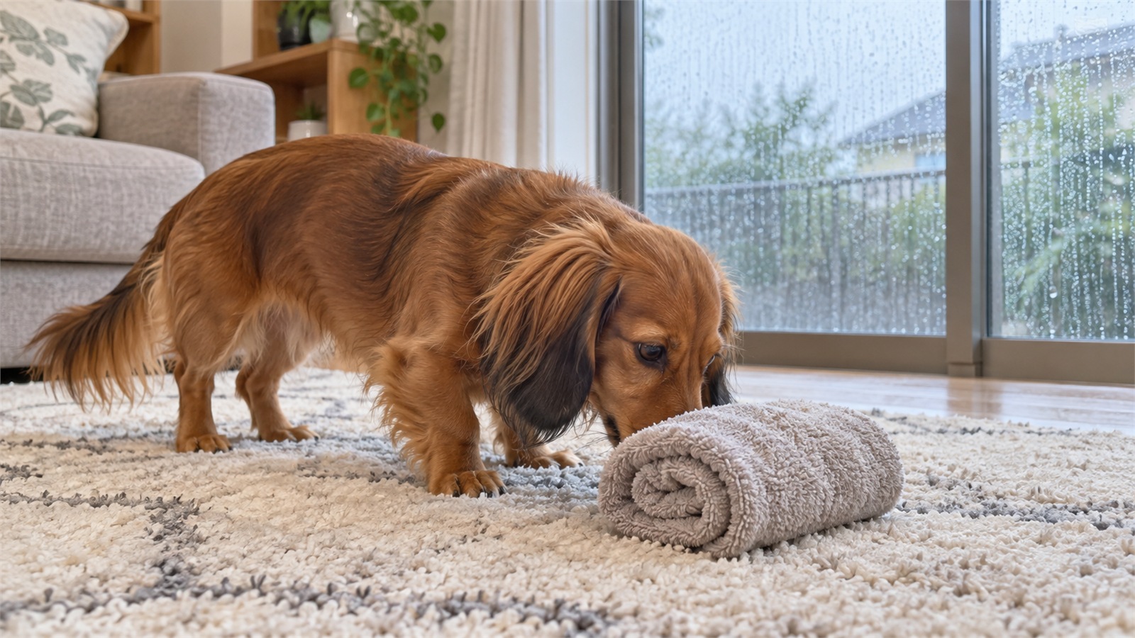 雨の降る窓の見えるリビングのラグの上で、丸めたタオルの中に隠されたおやつを鼻で探しているミニチュアダックスフンドの写真