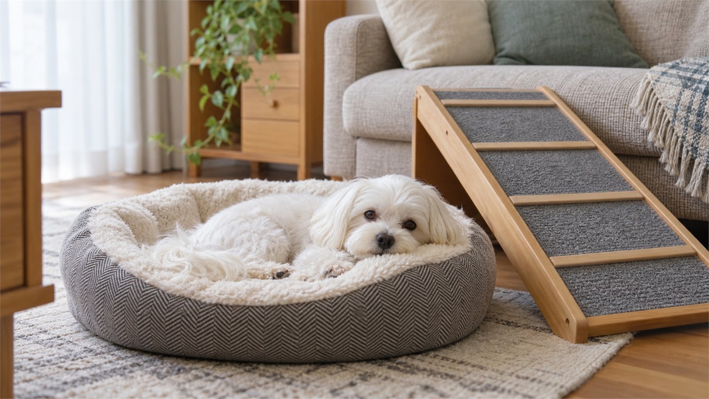 リビングの犬用ベッドで休んでいる白い小型犬と、ソファにかけたスロープの絵