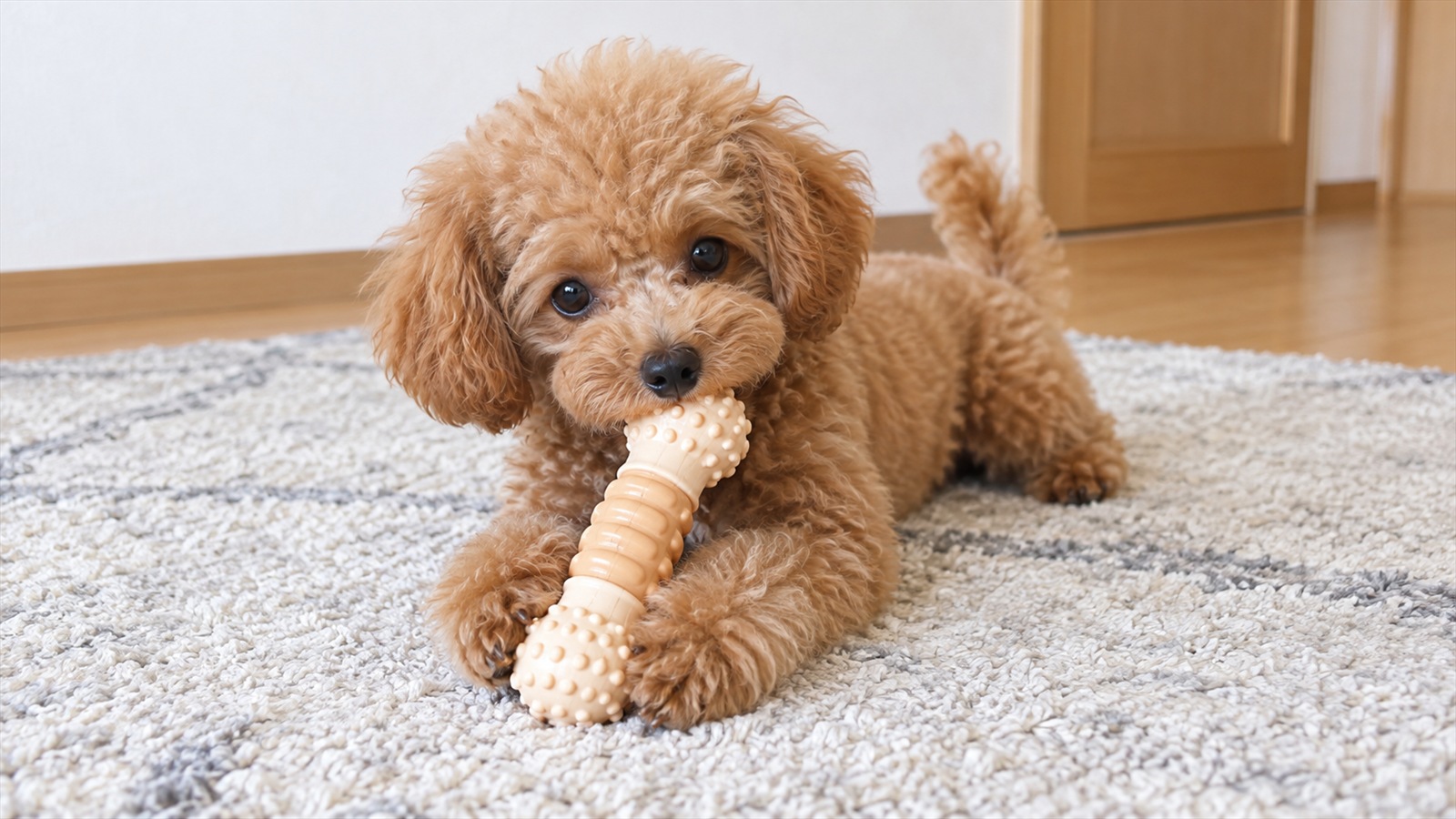 リビングのラグの上で、アプリコットのトイプードルの子犬が、かじるおもちゃを前足で押さえてくわえている写真。人は写っていない