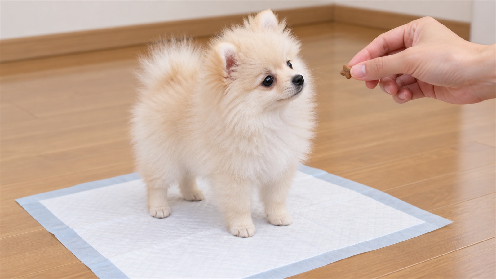 リビングの床に敷いたトイレシートの上に、クリーム色のポメラニアンの子犬が四本の足をそろえて立っていて、そばにしゃがんだ人の手が小さなおやつを差し出している写真。人は手元だけが写っている