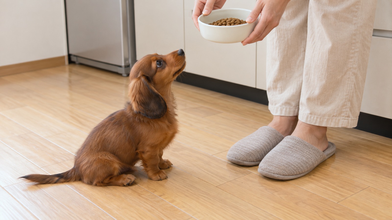 キッチンで、ごはんの器を両手で持った人の足元に、レッドのミニチュアダックスフンドの子犬がおすわりをして見上げている写真。人は膝から下と手元だけが写っている