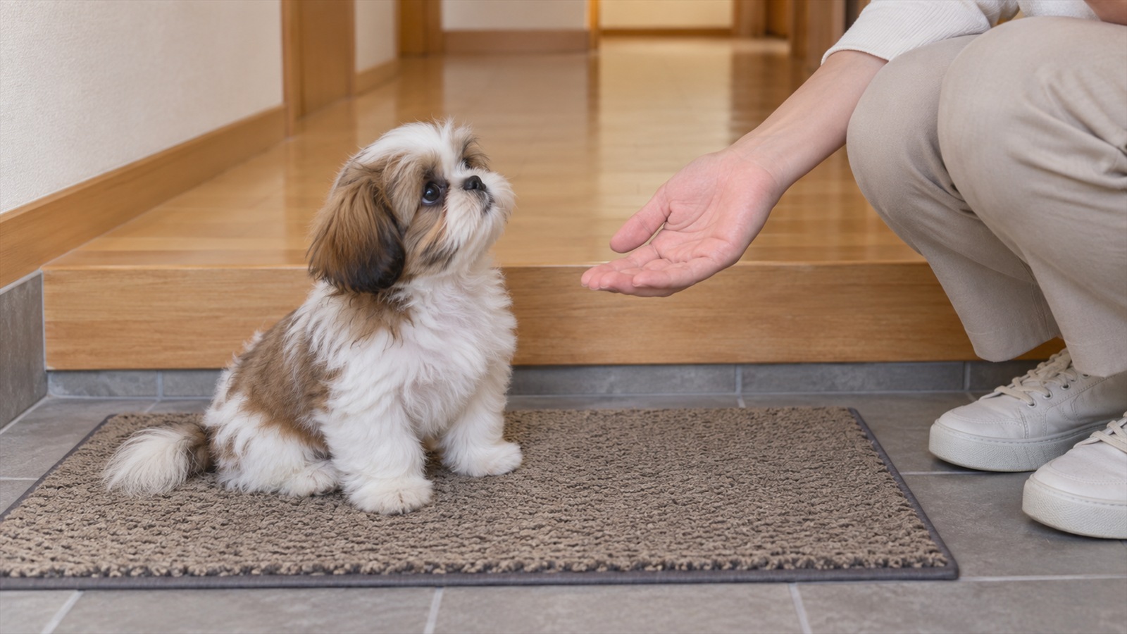 玄関のマットの上で、白と茶のシーズーの子犬がおすわりをして、しゃがんだ人が差し出した手のひらを見ている写真。人は膝から下と手元だけが写っていて、顔は写っていない