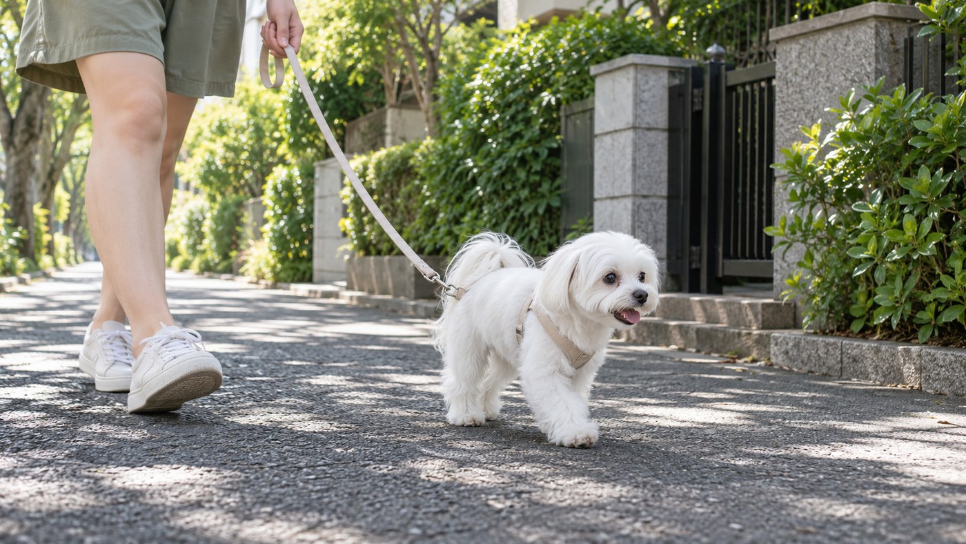 木もれ日の歩道を、ハーネスとリードをつけて歩く白い小型犬と、人の足元のイメージ写真