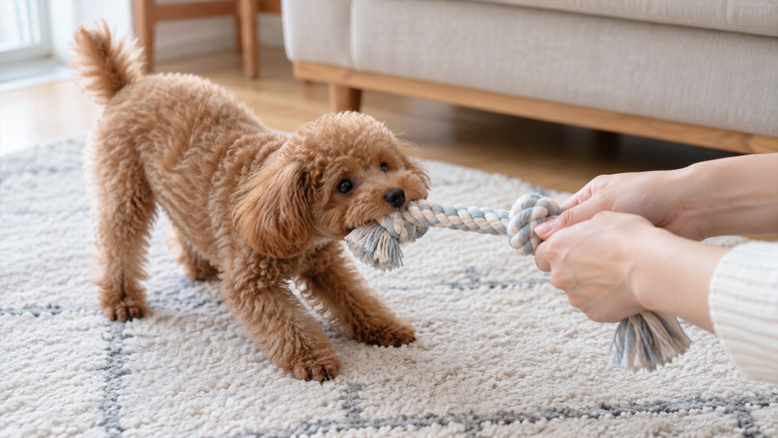 リビングのラグの上で、布のロープのおもちゃをくわえて引っぱっているトイプードルの子犬と、おもちゃの反対側を持っている人の手元の写真