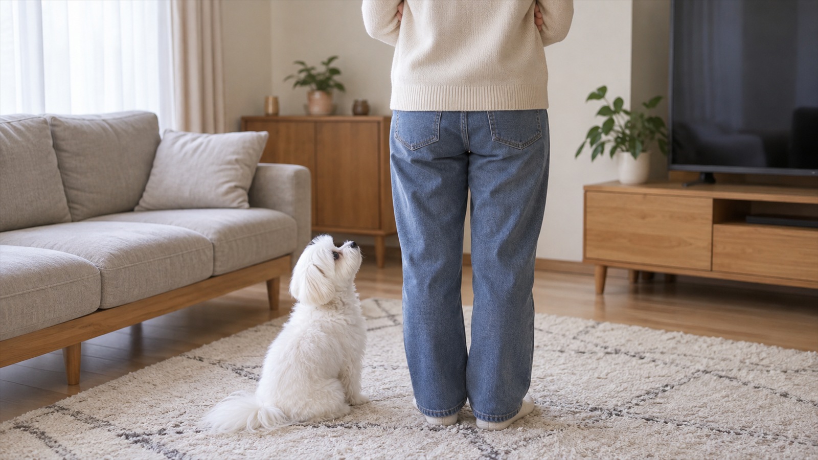 リビングのラグの上で、白いマルチーズの子犬に背を向けて、両手を脇の下に入れて立っている人の後ろ姿と、その足元で座って見上げている子犬の写真