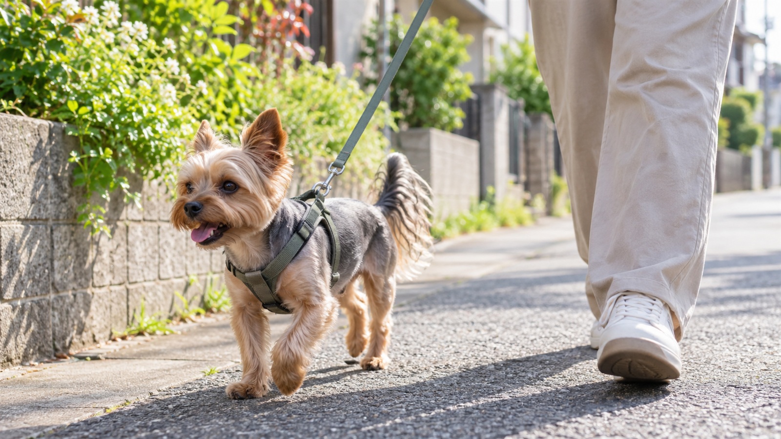 朝の住宅街の歩道を、ハーネスとリードをつけて軽い足取りで歩いている、毛を短めにカットしたヨークシャーテリアと、リードを持って横を歩く人の足元の写真