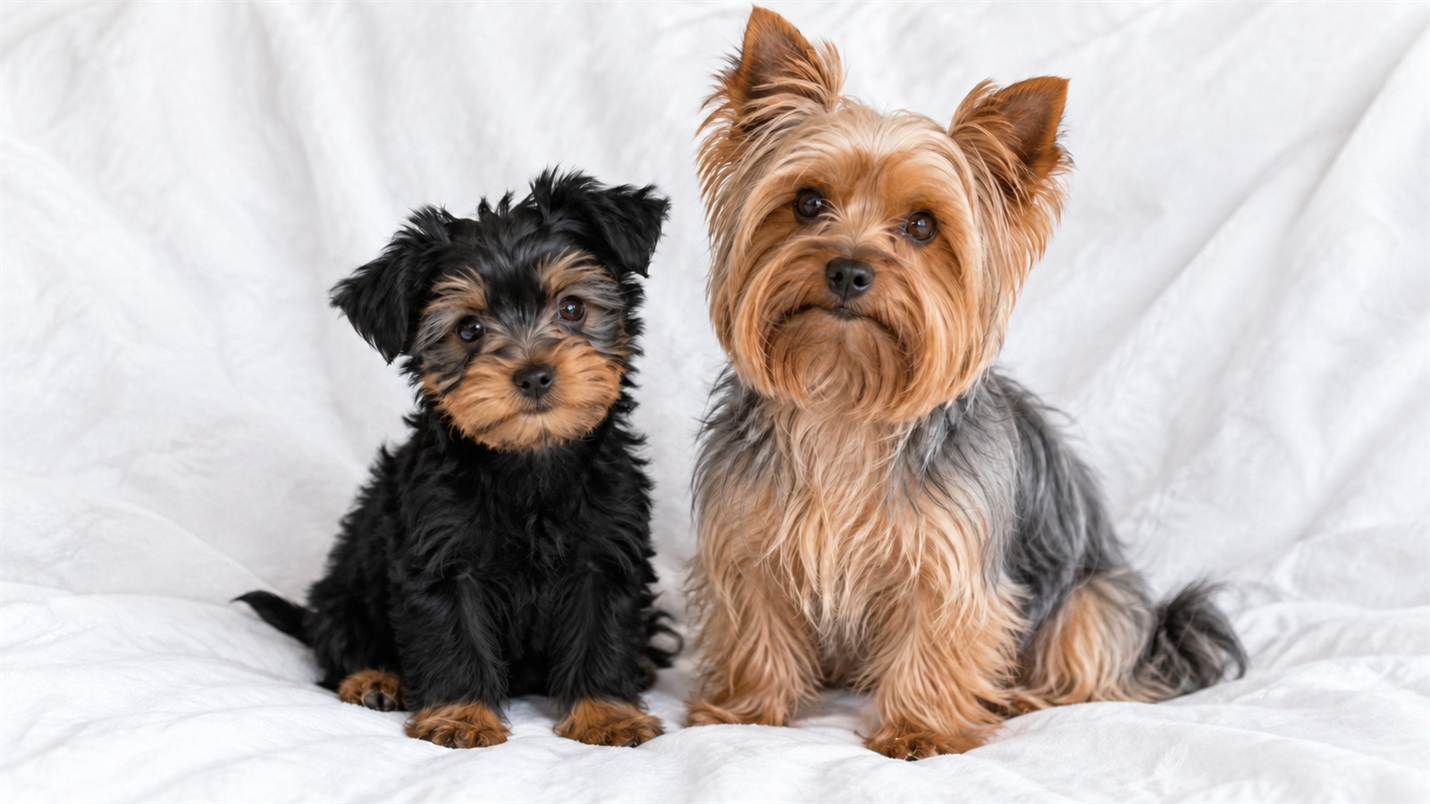 白い布の上に並んで座っている、全体が黒っぽく顔と足先だけタンのヨークシャーテリアの子犬と、背中がスチールブルー、頭と胸が金色のタンをした成犬のヨークシャーテリアの写真